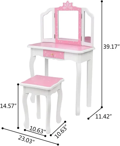 Vista 2 de Juego de tocador con espejo y taburete para niñas, tocador de maquillaje con cajón, mesa de tocador de princesa para niñas
