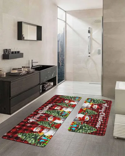 Vista 2 de Tapete de baño de muñeco de nieve a cuadros rojos para bañera, antideslizante, de secado rápido y absorbente, tierra de diatomeas para fregadero