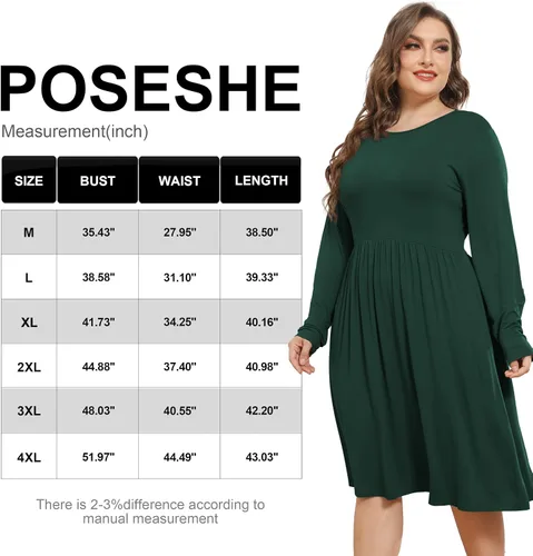 Vista 3 de POSESHE Vestidos de talla grande para mujer, manga larga, cuello redondo, vestidos casuales de cintura imperio, vestido suelto con bolsillos