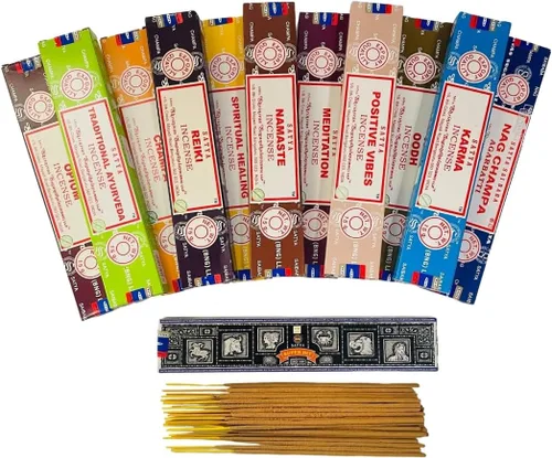 Vista 5 de Set de regalo de incienso Satya Nag Champa, Super hit, Dragon's Blood, Sandalwood, Patchouli, Lavender, Positive Vibes 15 g x 7 paquetes