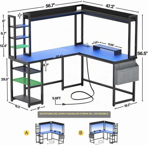 Vista 3 de Aheaplus Escritorio en forma de L con toma de corriente, escritorio para juegos en forma de L con luz LED y alacena, escritorio reversible
