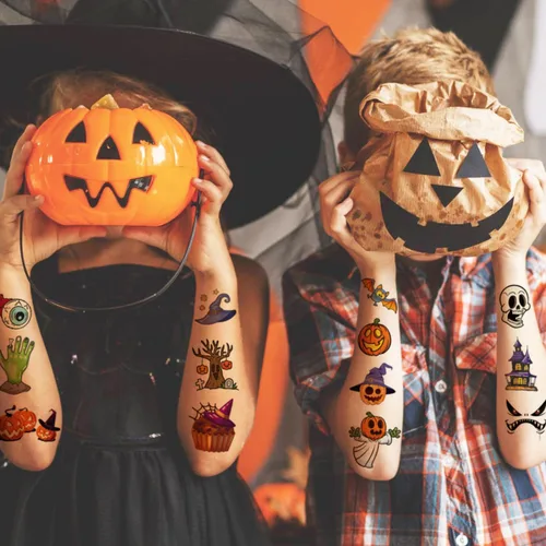 Vista 6 de CHARLENT 148 hojas de tatuajes temporales de Halloween para niños, tatuajes individuales de esqueletos de calabaza de Halloween para niños y niñas