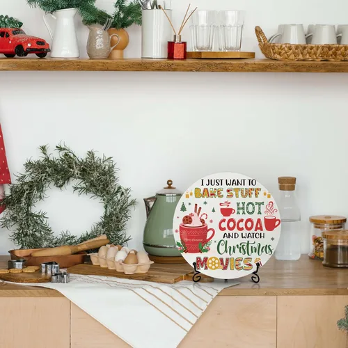 Vista 6 de Decoraciones navideñas para el dormitorio del hogar, letrero redondo de madera de cacao caliente con soporte de hierro para estante de mesa de Hot