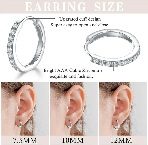 Vista 2 de 3 pares de aretes de aro pequeños de plata de ley con circonita cúbica Aretes de aro pequeños para cartílago para mujer