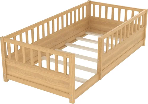 Vista 6 de Bellemave Marco de cama Montessori para niños de tamaño individual con Cerca alta natural
