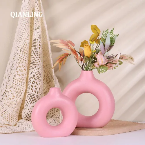 Vista 5 de Juego de 2 o 2 jarrones redondos de cerámica rosa, modernos jarrones rosados para centros de mesa, florero para decoración, se aplica a la sala