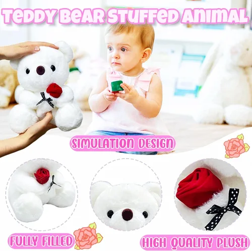 Vista 3 de Peluche de Oso Blanco de 10 pulgadas Juguetes de Animales de Peluche con Rosa, Peluches de Oso Polar Kawaii, Juguetes de Peluche de Animales Suaves