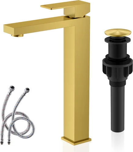 Vista 18 de KENES Grifo de lavabo de baño de una sola manija, grifos de baño negros y dorados de un solo orificio, grifo de tocador con desagüe emergente