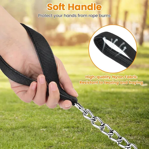 Vista 12 de PETTOM Correa de cadena de metal para perros, cuerda de acero resistente a prueba de mordidas con mango acolchado para perros medianos y grandes