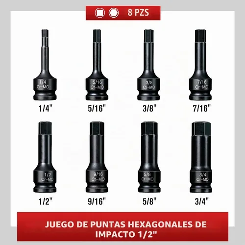 Vista 2 de Juego de 8 llaves de impacto Allen de 1/2 pulgada, enchufe hexagonal SAE de 1/4 a 3/4 pulgadas, acero Cr-Mo de grado de impacto maestro con estuche