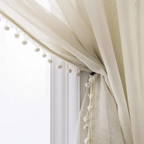 Vista 24 de MISS SELECTEX Cortinas semitransparentes con aspecto de lino y borlas de pompones - Cortinas de gasa semitransparentes con bolsillo para varilla