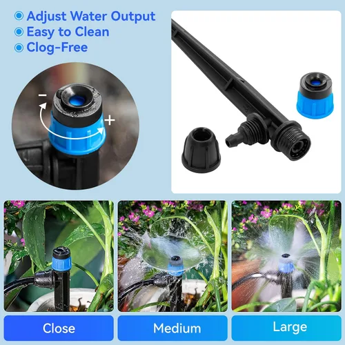 Vista 2 de Goteros de riego ajustable Vortex: 20 piezas de forma de ventilador con estaca de flujo de agua para manguera de 1/4 pulgadas, emisores de riego