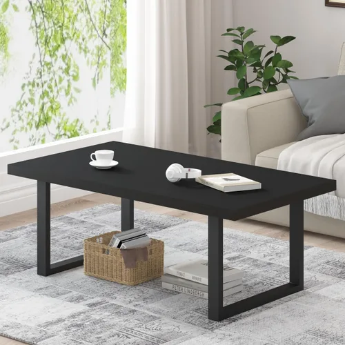 Vista 12 de Mesa de café IBF negra, mesa de centro minimalista industrial de madera, mesa moderna y simple rectangular para sala de estar, mesa de café y cóctel