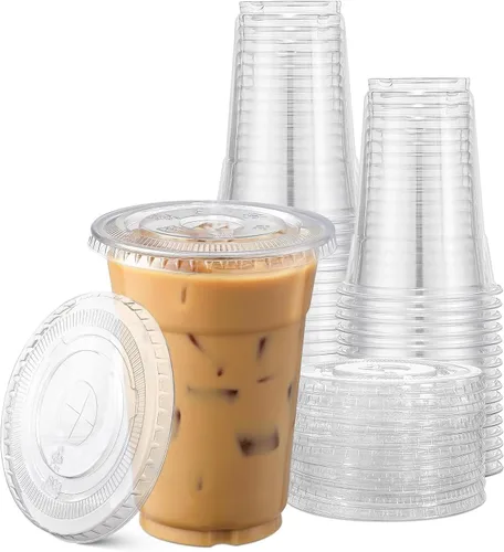 Vista 9 de TashiBox vasos de plástico con tapas [12 onzas 100 vasos y 100 tapas planas], vasos desechables de plástico transparente, vasos para batidos
