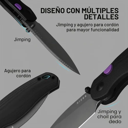 Vista 8 de Kizer Phoca BD - Cuchillo de bolsillo, 2.95 pulgadas, hoja plegable D2 Black G10 Handle, Gray PVD Coating & Stonewashed Finish, Thumb Stud Opener