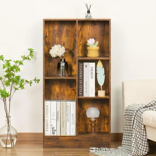 Vista 3 de LEYAOYAO Estantería moderna de 5 cubos de madera marrón de mediados de siglo, estante organizador de almacenamiento de 3 niveles, gabinete