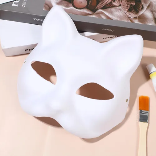 Vista 8 de STOBOK 10 máscaras faciales de gato de animales sin pintar en blanco, pintadas a mano, máscara facial blanca para Mardi Gras, fiesta de máscaras