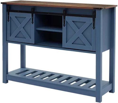 Vista 8 de Mesa de entrada azul de granja, mesa de pasillo rústica con estante de almacenamiento, mesa de sofá con puertas correderas de granero para pasillo