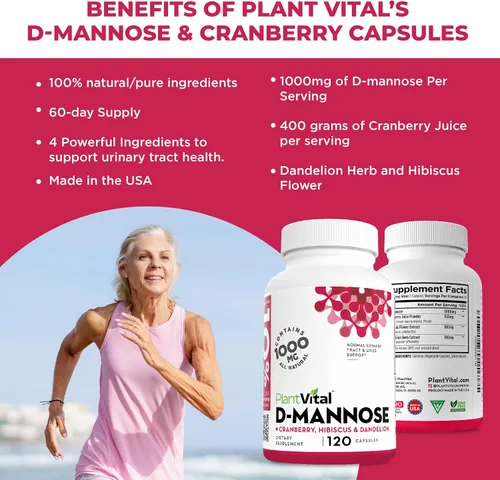 Vista 2 de Plantvital D Mannosa Cápsulas con Arándano - D-manosa 1000 mg por porción - Alta potencia para soporte de vejiga, riñón y tracto urinario - Polvo