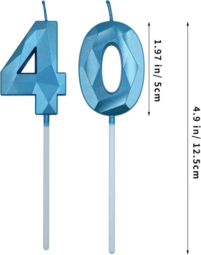 Vista 2 de Velas de 40 cumpleaños para pastel, vela azul número 40 en forma de diamante 3D, decoración de cumpleaños, suministros de fiesta para mujeres u