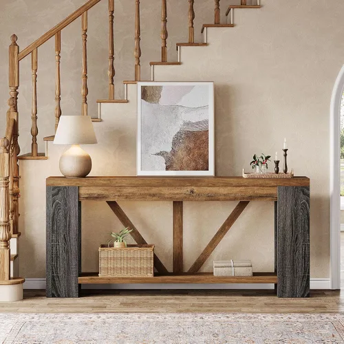 Vista 6 de Tribesigns Mesa de entrada extra larga de 70.9 pulgadas, mesa consola de madera de granja con almacenamiento, mesa de sofá moderna detrás del sofá
