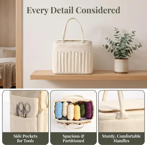 Vista 3 de Canvas Yarn Storage Bag, Personalized Knitting Bag with Needle Pockets and Handle, Knitting & Crochet Accessories Birthday Gift for Craft Black