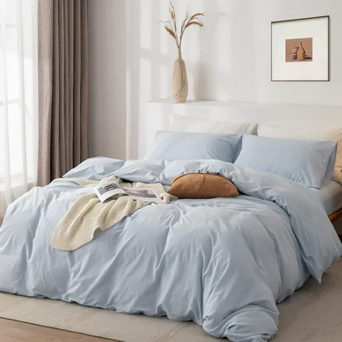 Vista 2 de Juego de funda de edredón Queen de 100% algodón lavado 3 piezas, ropa de cama suave, cómoda y transpirable con toque de lino, 1 funda de edredón y 2