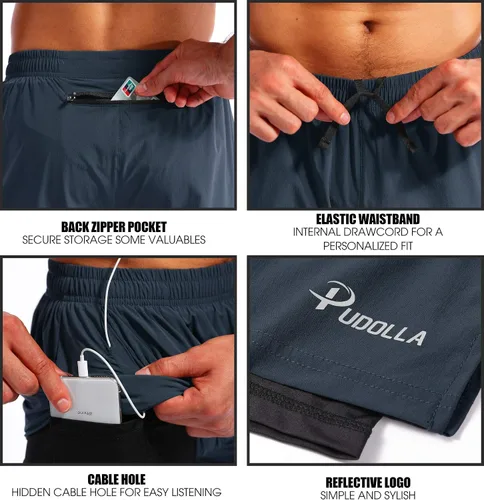 Vista 5 de Pudolla Mens 2 in 1 Running Shorts 7" Quick Dry Gym Athletic Workout Shorts for Men with Phone Pockets