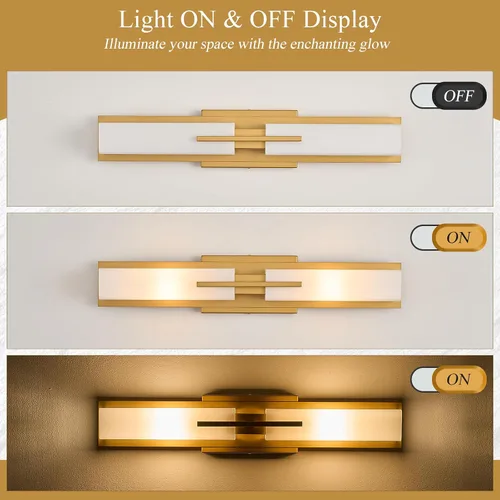 Vista 3 de VitaLink Lámpara de tocador dorada, 24 pulgadas, moderna lámpara de pared de baño sobre espejo de tocador, 2 luces cableadas de vidrio blanco
