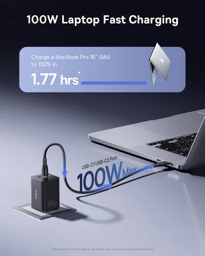 Vista 2 de Baseus Bloque de cargador USB C de 100W, cargador de pared compacto plegable PPS de 3 puertos, adaptador de corriente de carga rápida para MacBook