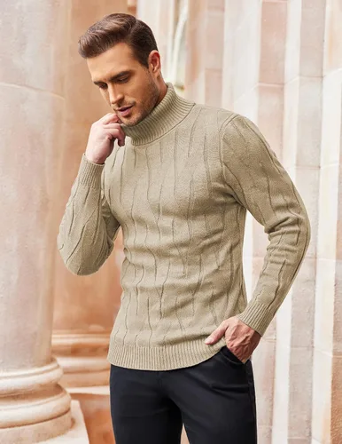 Vista 3 de COOFANDY Suéter de cuello alto para hombre, suéter de punto casual