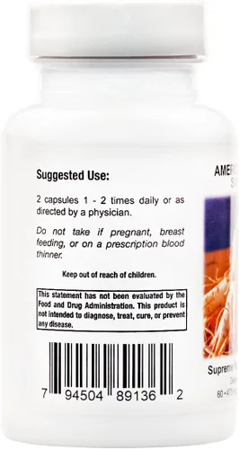 Vista 2 de Supreme Nutrition American Ginseng Supreme, 60 cápsulas vegetarianas de raíz de ginseng americano puro
