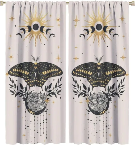 Vista 30 de Cortinas de mariposa de fantasía, polilla, sol, luna, estrella, arte floral, estampado floral, bolsillo para barra, cortinas opacas para ventana