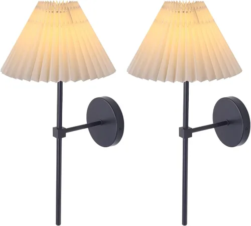 Vista 8 de Juego de 2 apliques de pared de latón cepillado con pantalla plisada blanca, lámpara de pared dorada de cuello de cisne para interiores, tocador
