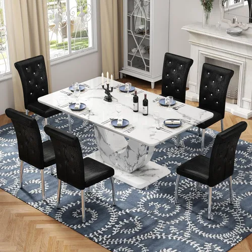 Vista 33 de Moderno juego de mesa de comedor de mármol sintético para 4, mesa de cocina rectangular blanca de 63 pulgadas con elegante base de pedestal