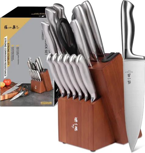 Vista 9 de Juego de 15 cuchillos con bloque, juego de cuchillos de cocina de acero inoxidable de alto carbono con hoja recubierta de cerámica, afilados y Crema