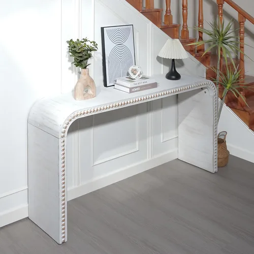 Vista 6 de Mesa consola blanca moderna de 59 pulgadas con cuentas de madera, mesa de entrada de madera rústica con estilo cascada curva, mesa de sofá de granja