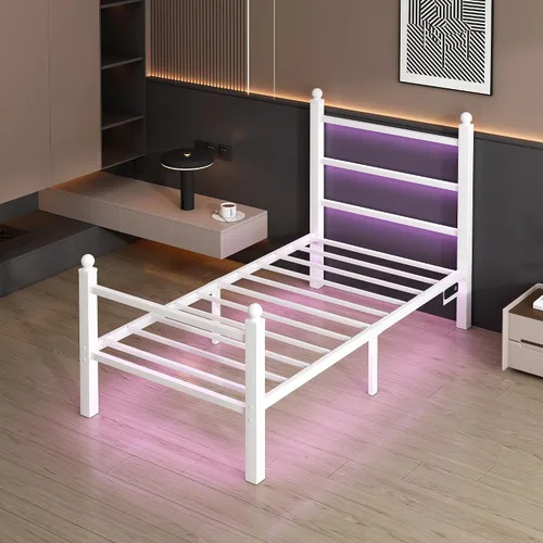 Vista 3 de CLIBFENG Base de cama individual con cabecera y estribo, listones de acero, base de cama LED con estación de carga USB, base de colchón