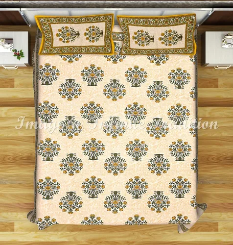 Vista 2 de Juego de sábanas de algodón 100% de algodón indio Rajasthani Jaipuri tradicional Sanganeri con estampado floral multicolor con 2 fundas de almohada