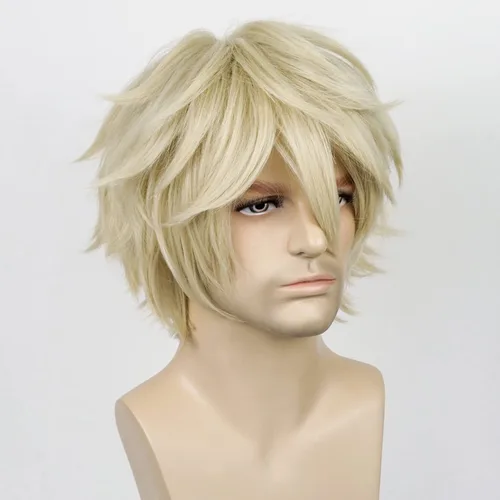 Vista 2 de Peluca corta rubia para hombres y hombres, esponjosa, unisex, rizada, anime, cosplay, peluca para niños, Halloween, fiesta, disfraces, pelucas
