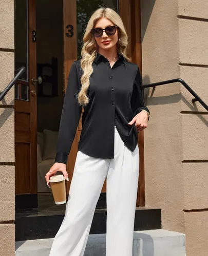 Vista 4 de Gleeivy - Camisas abotonadas para mujer, sin arrugas, de manga larga, camisas de vestir casuales con cuello V, ajustadas, de un solo