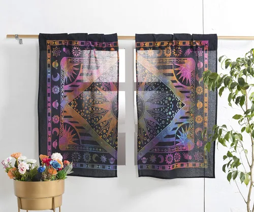 Vista 13 de Popular Handicrafts – Cortinas de ventana con diseño de mandala hippie indio, estilo bohemio, sol ardiente, luna gitana, hermosas cortinas