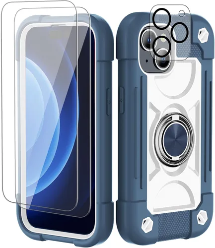 Vista 27 de Funda para iPhone 11 de 6.1 pulgadas con soporte de anillo, con 2 protectores de pantalla de vidrio, resistente a los golpes, resistente a