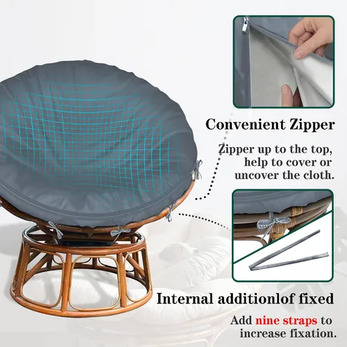 Vista 4 de Funda de cojín Papasan impermeable solamente, (para fundas de cojín de silla Papasan de 47 a 55 pulgadas) diseño de cremallera gris para un fácil