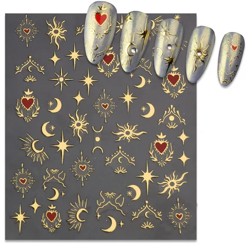 Vista 4 de TailaiMei Calcomanías para uñas de luna y estrella, para el día de San Valentín, calcomanías autoadhesivas de arte de uñas de corazón dorado