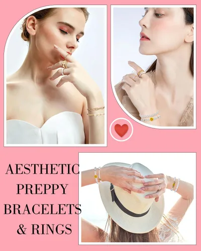 Vista 33 de Preppy Heishi - Juego de pulseras de surfista para niñas adolescentes, bonitos aretes estéticos, anillos estéticos preppy coloridos de oro blanco