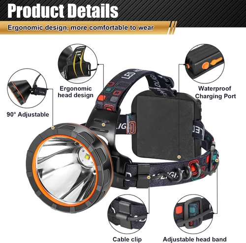 Vista 2 de Linterna frontal LED recargable, faro frontal impermeable súper brillante, linterna para casco duro para la caza de mapaches, pesca, camping