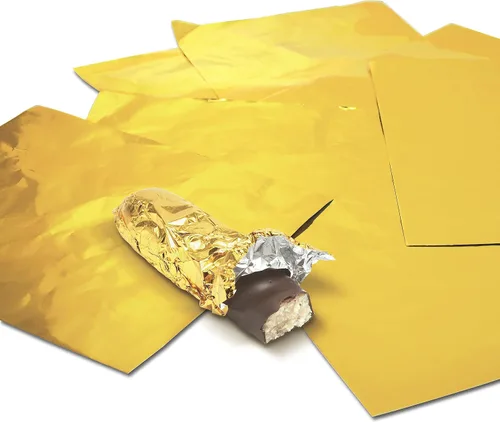 Vista 5 de Better Kitchen Products Envolturas de caramelo de papel de aluminio dorado, 6 x 7.5 pulgadas, parte trasera plateada, embalaje individual