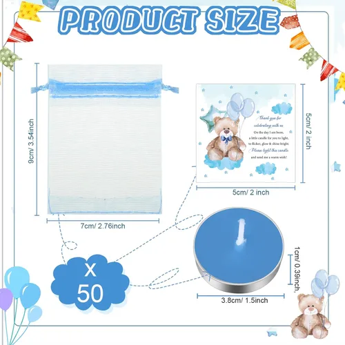 Vista 2 de Colarr Juego de 50 Velas para Baby Shower Temáticas de Oso como Recuerdos para Baby Shower, Regalos para Invitados, Incluye 50 Velas de Té, 50