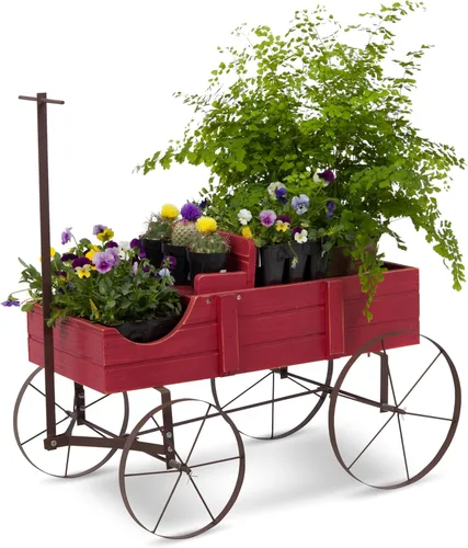 Vista 9 de Shine Company Maceta decorativa de jardín de carro, decoración de patio de madera para plantas al aire libre, pequeña, gris